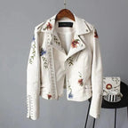 Women's Cropped Leather Jacket | Floral Embroidery, Stud Accents, Adjustable Fit 2