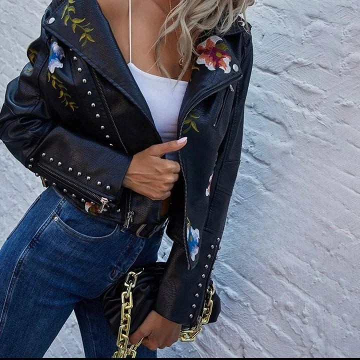 Women's Cropped Leather Jacket | Floral Embroidery, Stud Accents, Adjustable Fit 7