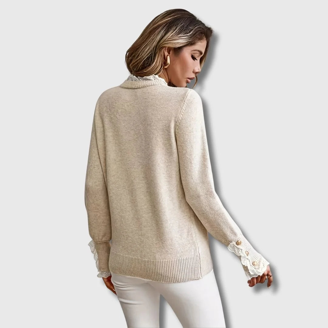 Women's Elegant Jumper | Lace Details, Decorative Buttons, Ribbed Cuffs 1