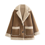 Women's Faux Shearling Jacket | Relaxed Fit, Open Front, Contrast Panels 0