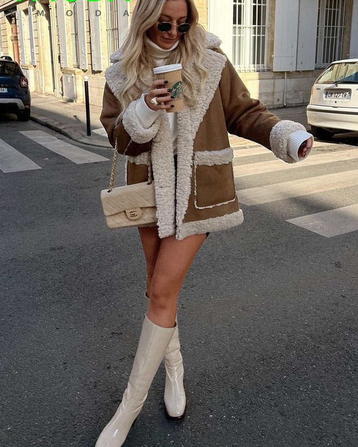Women's Faux Shearling Jacket | Relaxed Fit, Open Front, Contrast Panels 3