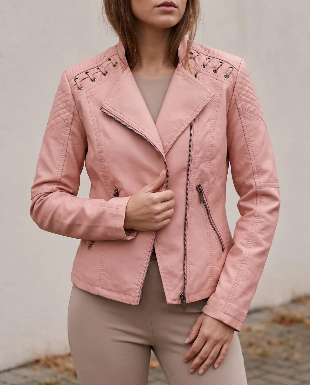 Women's Fitted Biker Jacket | Quilted Shoulders, Asymmetric Zip, Laced Detail 1