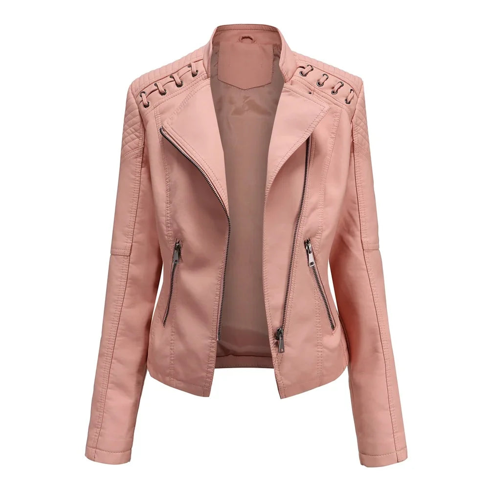 Women's Fitted Biker Jacket | Quilted Shoulders, Asymmetric Zip, Laced Detail 2