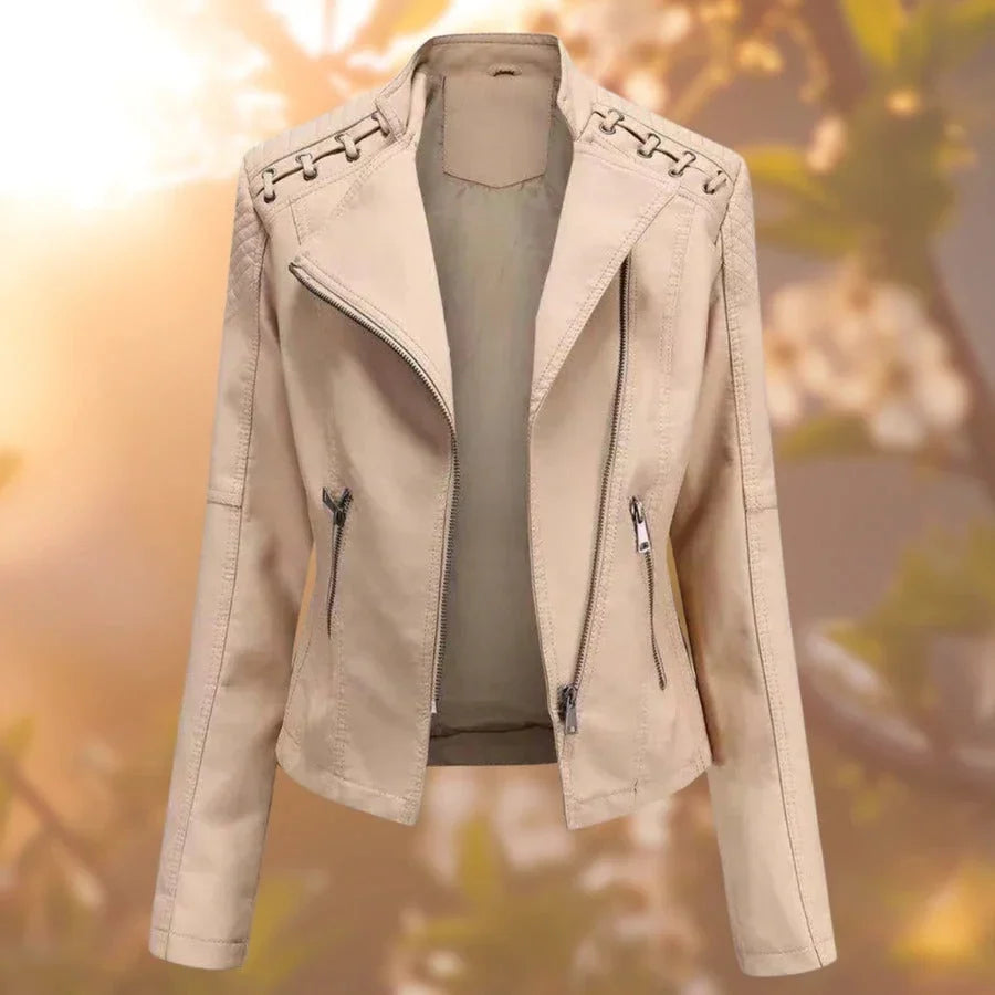 Women's Fitted Biker Jacket | Quilted Shoulders, Asymmetric Zip, Laced Detail 3