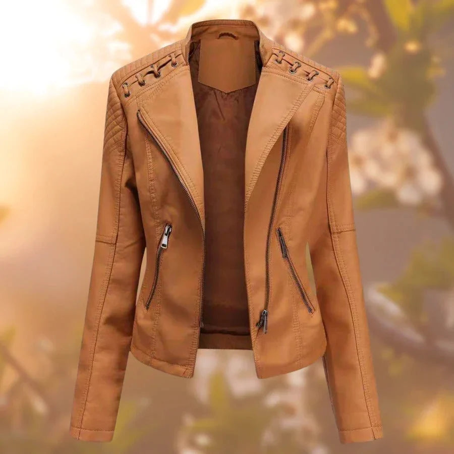 Women's Fitted Biker Jacket | Quilted Shoulders, Asymmetric Zip, Laced Detail 5