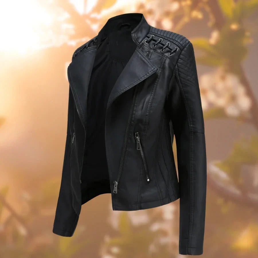 Women's Fitted Biker Jacket | Quilted Shoulders, Asymmetric Zip, Laced Detail 7