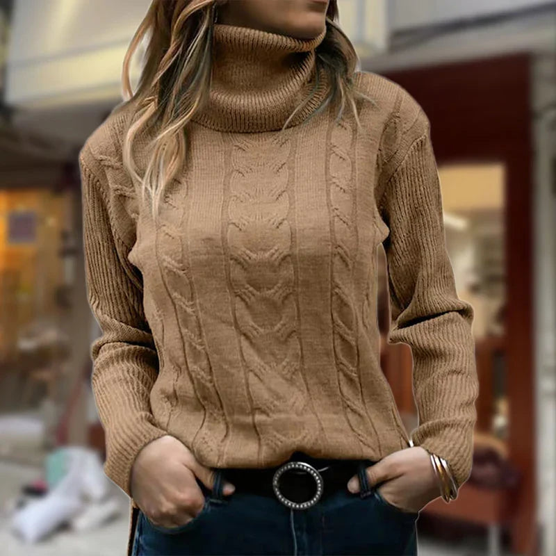 Women's Fitted Cable Knit Sweatshirt | Turtleneck, Ribbed Cuffs, Long Sleeves 0