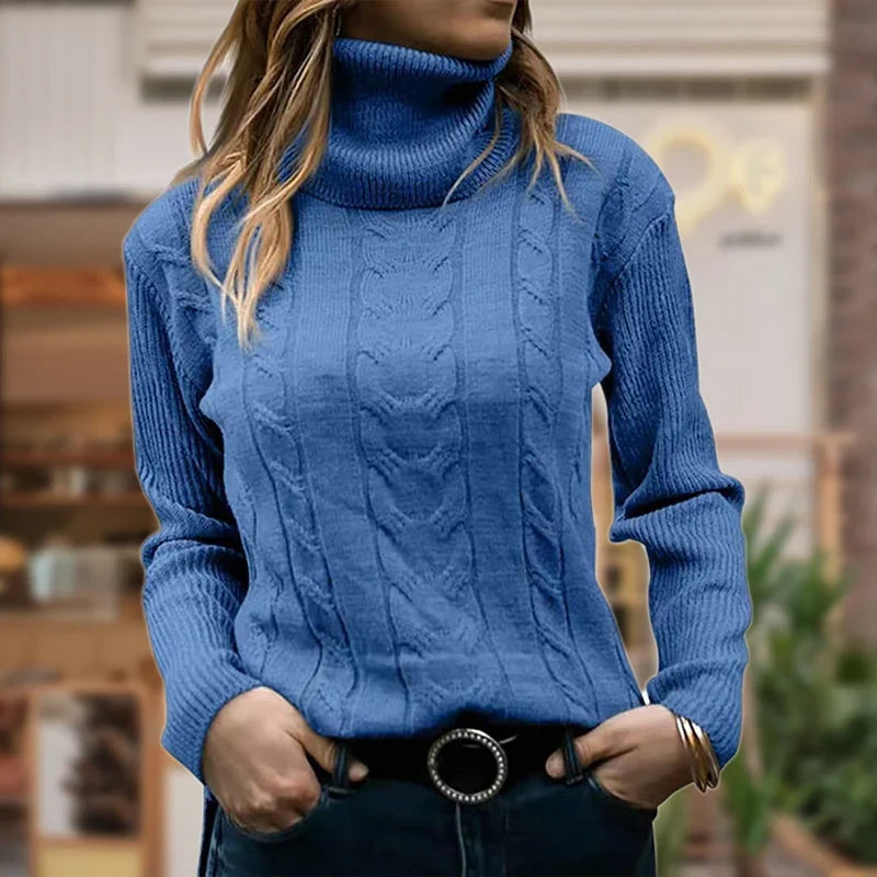Women's Fitted Cable Knit Sweatshirt | Turtleneck, Ribbed Cuffs, Long Sleeves 2