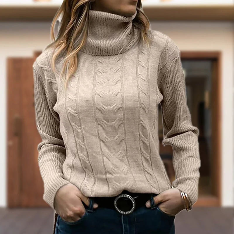 Women's Fitted Cable Knit Sweatshirt | Turtleneck, Ribbed Cuffs, Long Sleeves 3