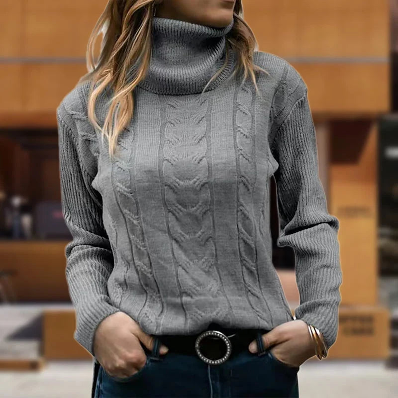 Women's Fitted Cable Knit Sweatshirt | Turtleneck, Ribbed Cuffs, Long Sleeves 4