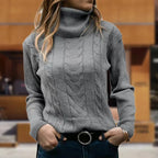 Women's Fitted Cable Knit Sweatshirt | Turtleneck, Ribbed Cuffs, Long Sleeves 4