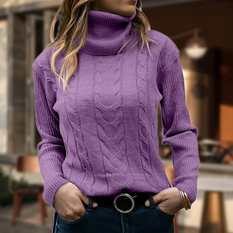 Women's Fitted Cable Knit Sweatshirt | Turtleneck, Ribbed Cuffs, Long Sleeves 5