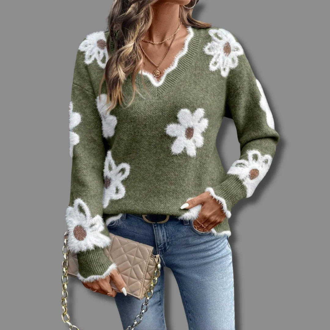Women's Jumper | Elegant V-Neck, Floral Design, Soft Fabric 0