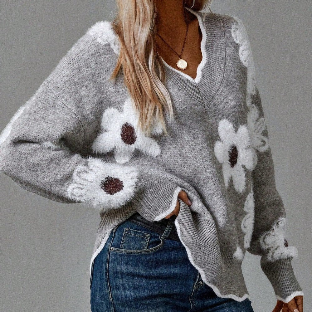 Women's Jumper | Elegant V-Neck, Floral Design, Soft Fabric 1