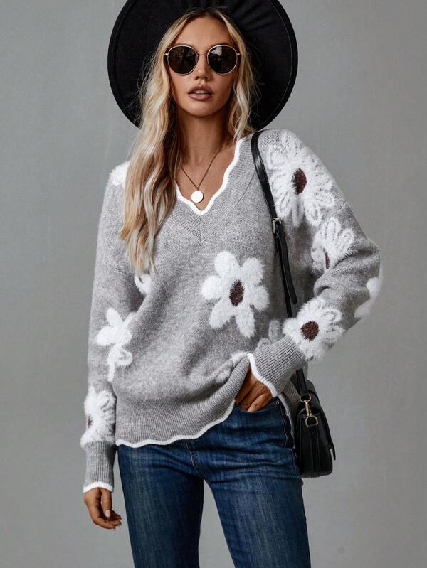 Women's Jumper | Elegant V-Neck, Floral Design, Soft Fabric 3