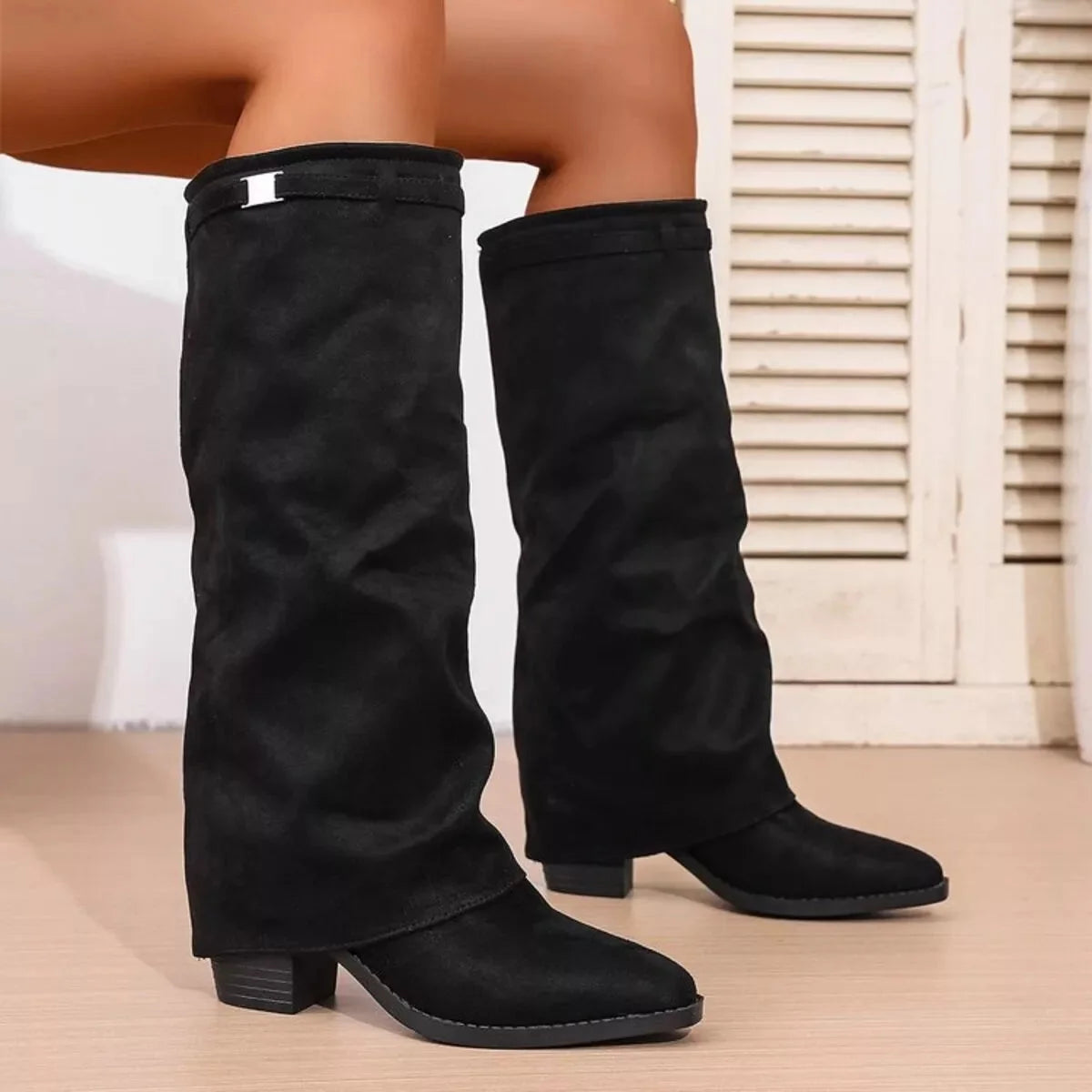 Women's Knee High Boots | Slouchy Shaft, Rounded Toe, Low Heel, Black 4
