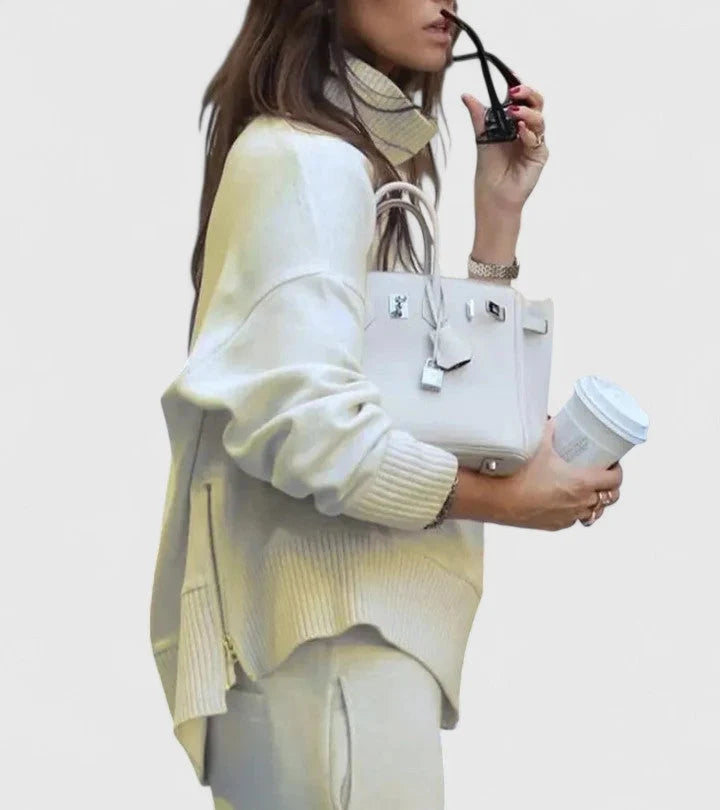 Women’s Knit Co-Ord Set | High-Neck Side Zip Sweater with Elastic Waist Pants 5
