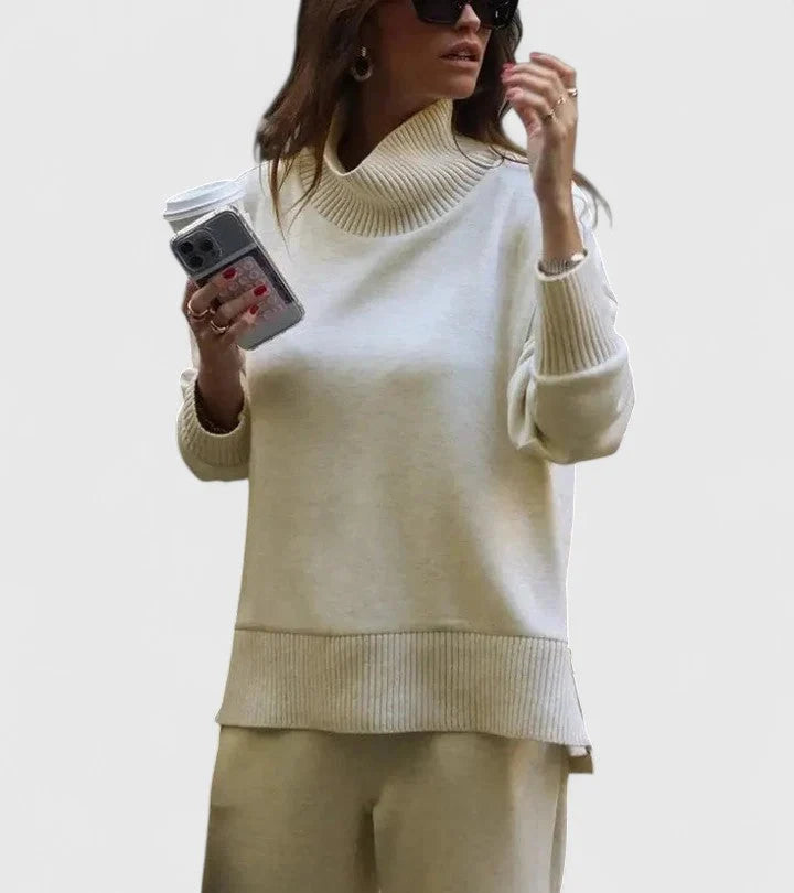 Women’s Knit Co-Ord Set | High-Neck Side Zip Sweater with Elastic Waist Pants 8