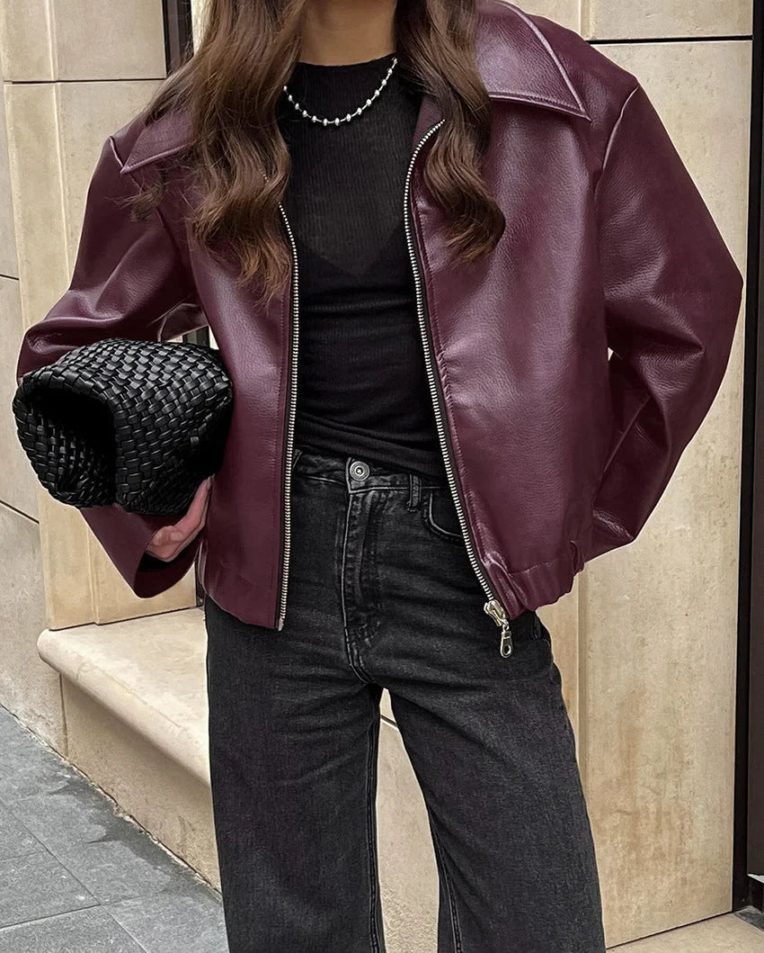 Women's Leather Biker Jacket | Cropped, Matte Finish, Notched Collar 1