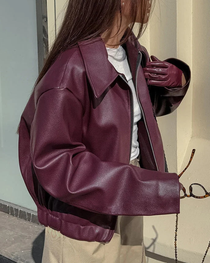 Women's Leather Biker Jacket | Cropped, Matte Finish, Notched Collar 2
