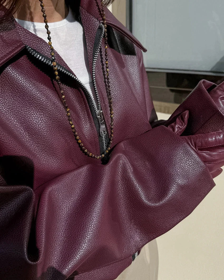 Women's Leather Biker Jacket | Cropped, Matte Finish, Notched Collar 4
