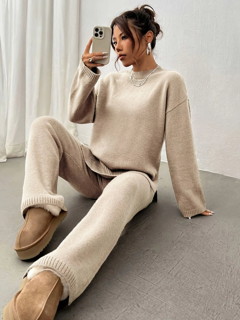 Women's Loungewear Set | Knitted Mock Neck Jumper and Wide-Leg Trousers 0