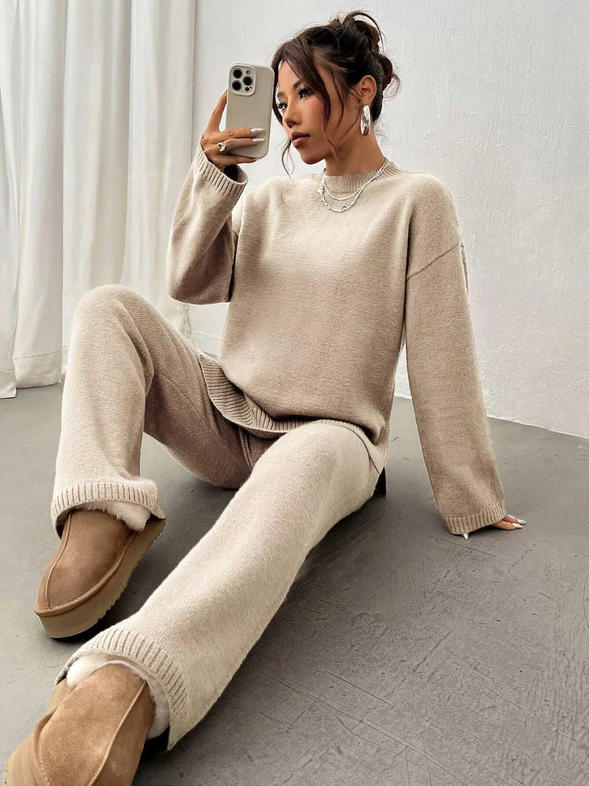 Women's Loungewear Set | Knitted Mock Neck Jumper and Wide-Leg Trousers 0