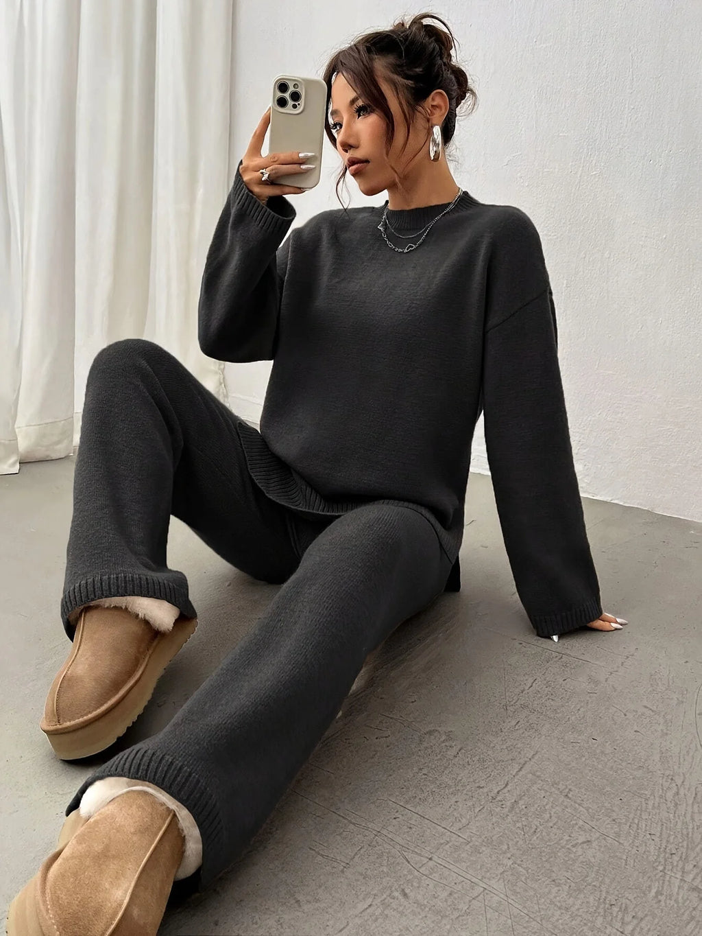 Women's Loungewear Set | Knitted Mock Neck Jumper and Wide-Leg Trousers 4