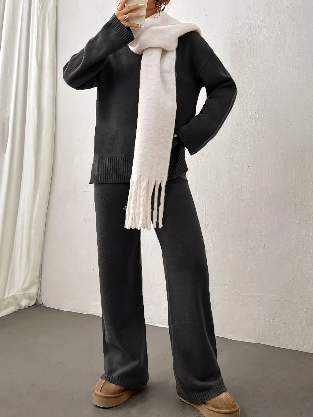 Women's Loungewear Set | Knitted Mock Neck Jumper and Wide-Leg Trousers 5
