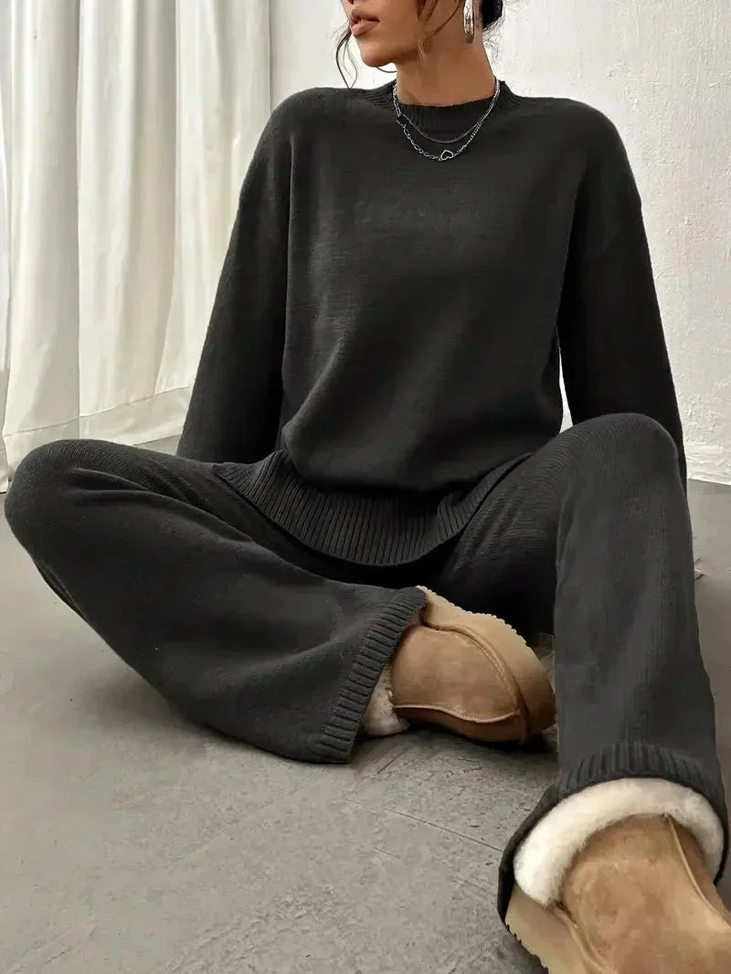 Women's Loungewear Set | Knitted Mock Neck Jumper and Wide-Leg Trousers 7