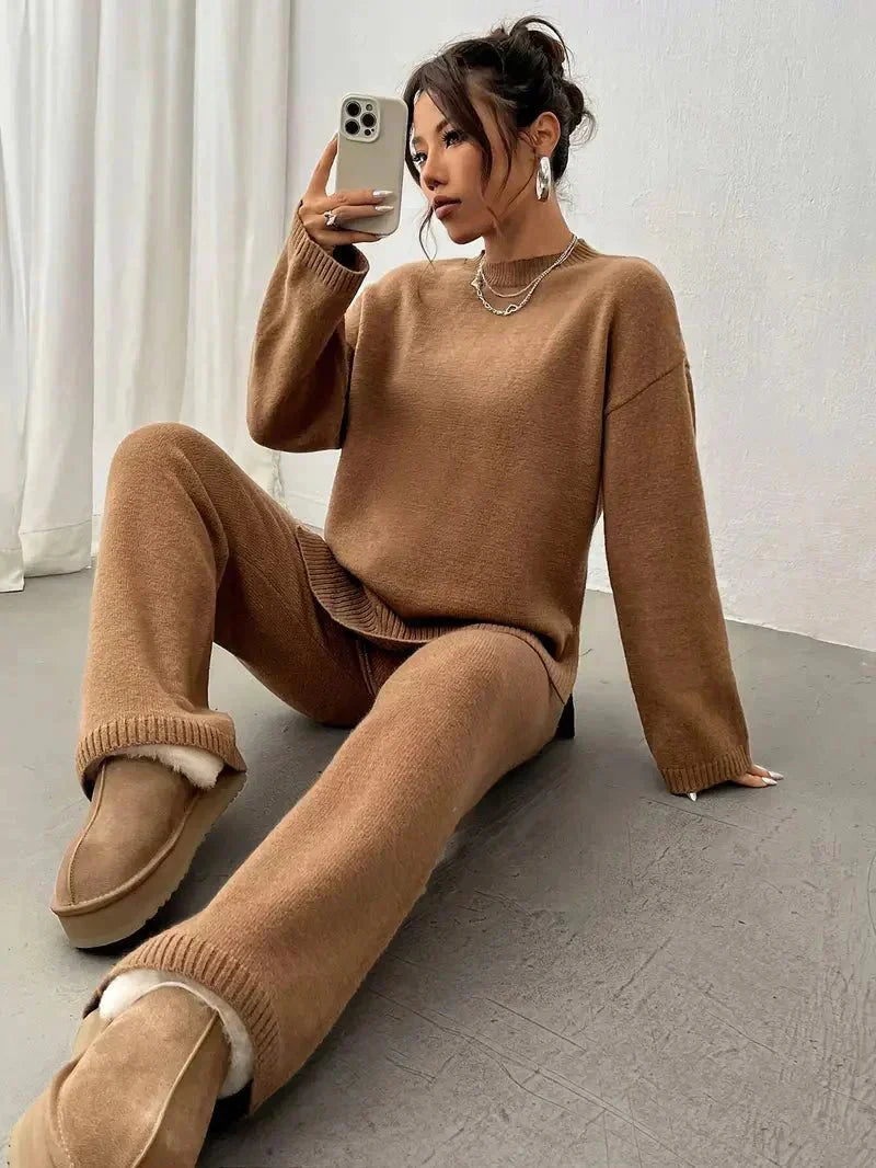 Women's Loungewear Set | Knitted Mock Neck Jumper and Wide-Leg Trousers 8