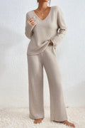 Women's Loungewear Set | Ribbed Knit V-Neck Top and Wide Leg Trousers 0
