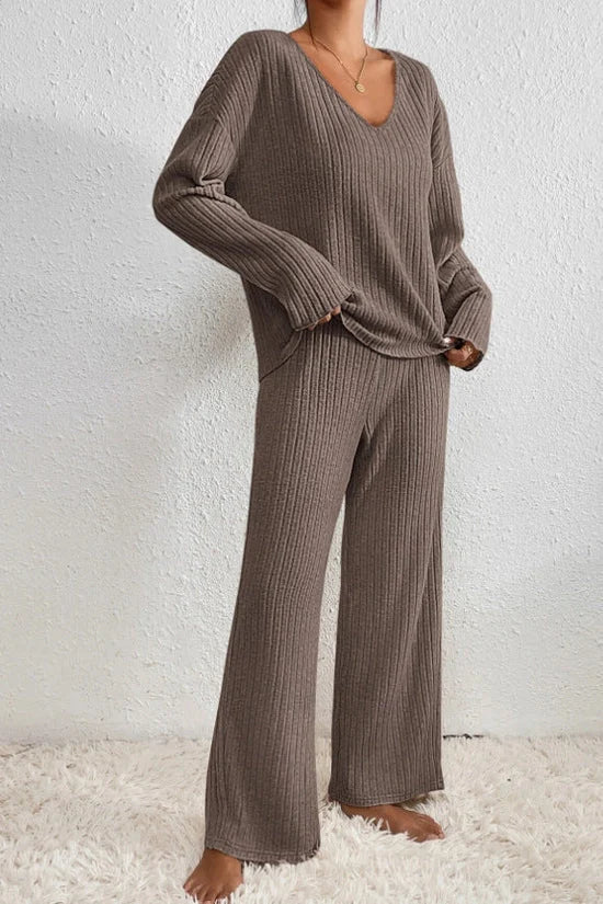 Women's Loungewear Set | Ribbed Knit V-Neck Top and Wide Leg Trousers 1