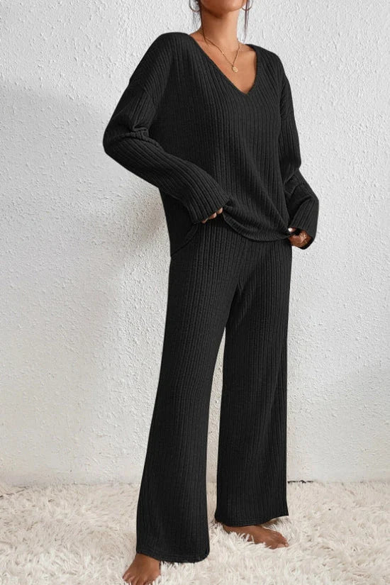 Women's Loungewear Set | Ribbed Knit V-Neck Top and Wide Leg Trousers 2