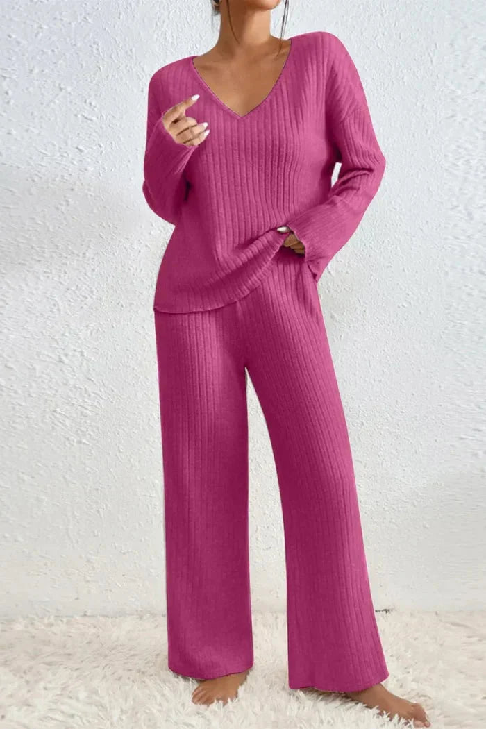 Women's Loungewear Set | Ribbed Knit V-Neck Top and Wide Leg Trousers 3