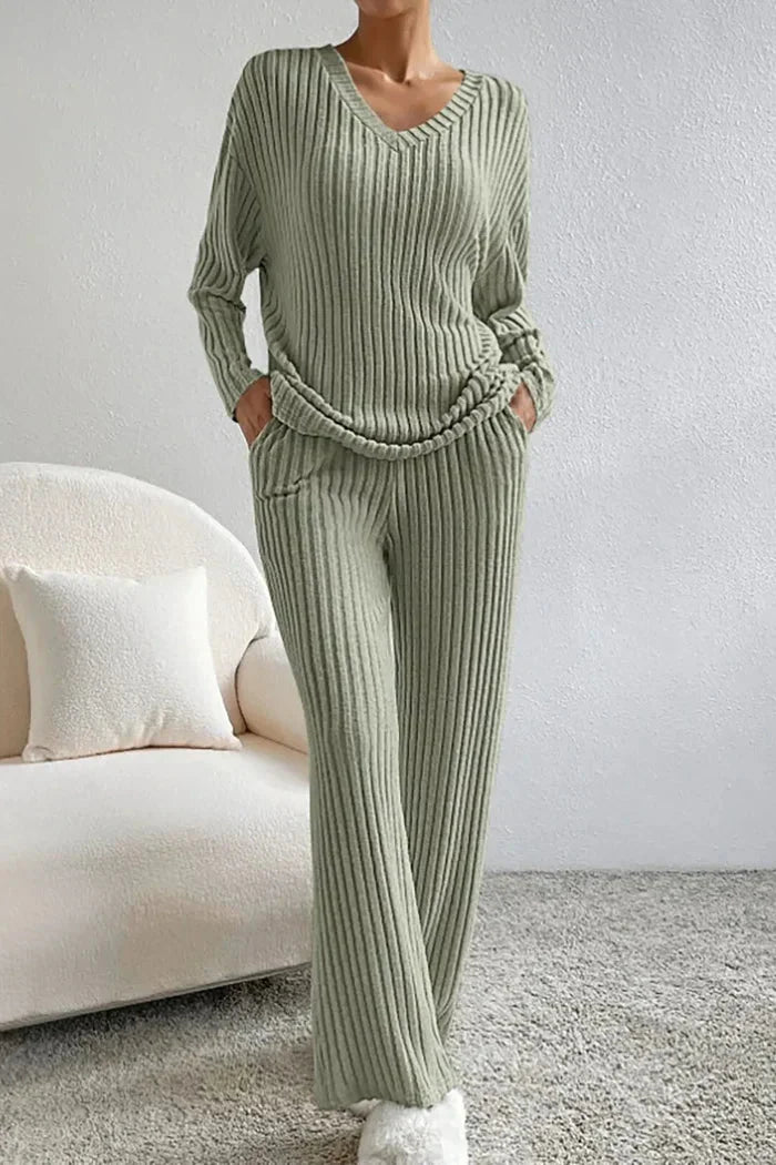 Women's Loungewear Set | Ribbed Knit V-Neck Top and Wide Leg Trousers 4