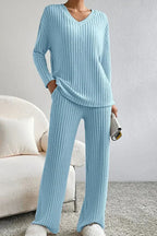Women's Loungewear Set | Ribbed Knit V-Neck Top and Wide Leg Trousers 5