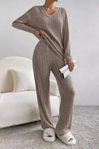 Women's Loungewear Set | Ribbed Knit V-Neck Top and Wide Leg Trousers 6