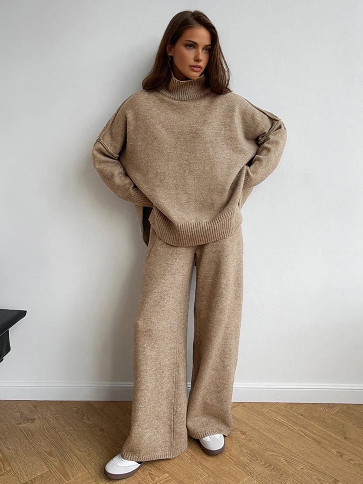 Women's Loungewear Set | Soft Knit Turtleneck Sweater and Wide-Leg Pants in Camel 2