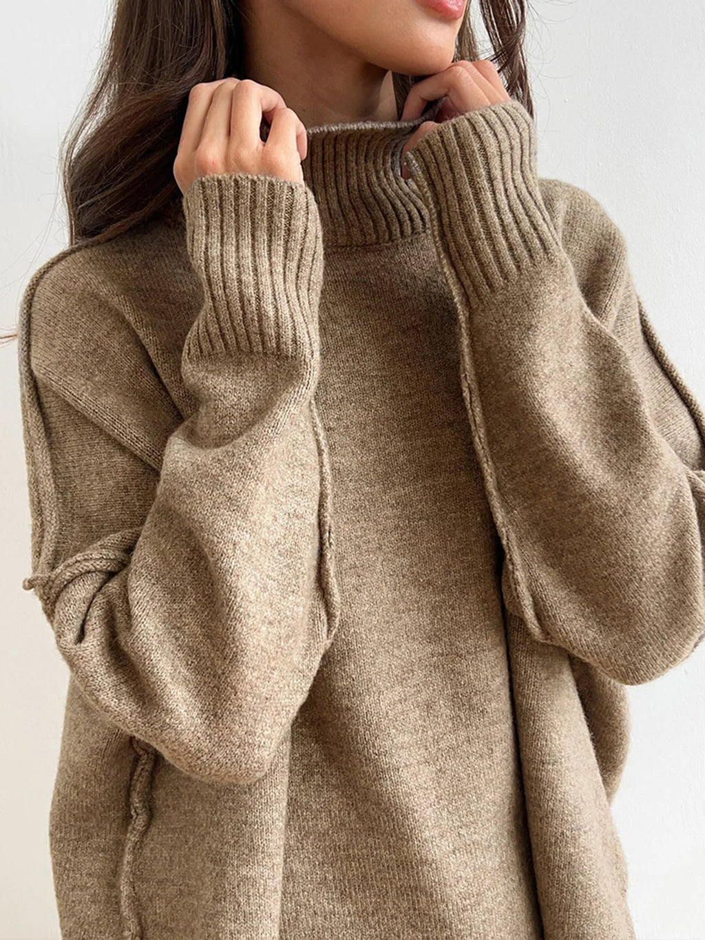 Women's Loungewear Set | Soft Knit Turtleneck Sweater and Wide-Leg Pants in Camel 3