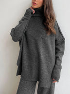 Women's Loungewear Set | Soft Knit Turtleneck Sweater and Wide-Leg Pants in Camel 7