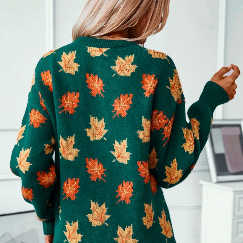 Women's Oversized Sweater | Knit, Crew Neck, Maple Leaf Pattern, Long Sleeves 1