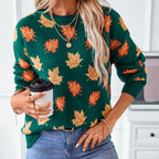 Women's Oversized Sweater | Knit, Crew Neck, Maple Leaf Pattern, Long Sleeves 2