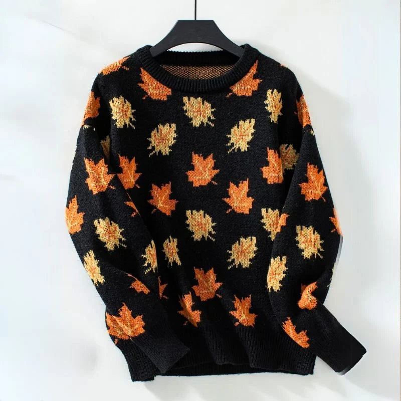 Women's Oversized Sweater | Knit, Crew Neck, Maple Leaf Pattern, Long Sleeves 3