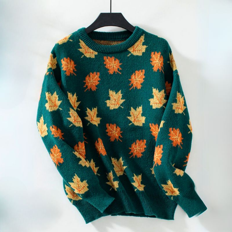 Women's Oversized Sweater | Knit, Crew Neck, Maple Leaf Pattern, Long Sleeves 4