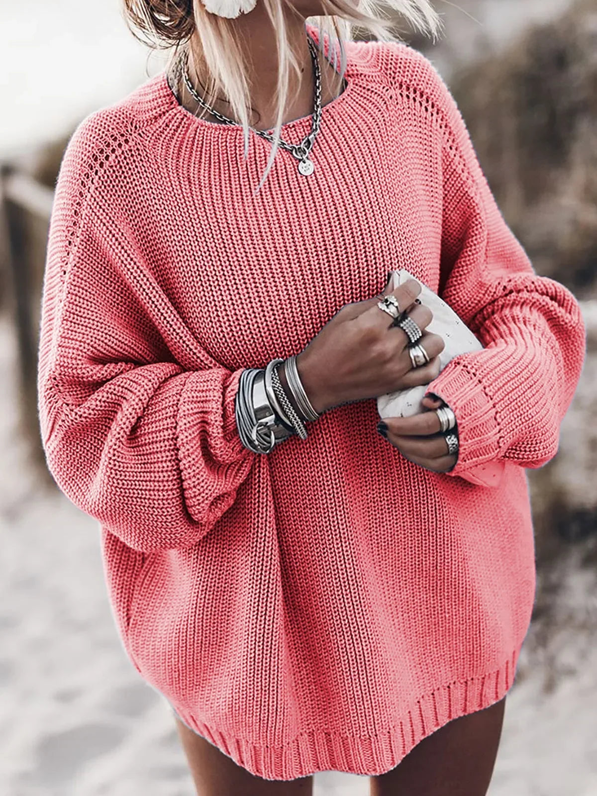 Women's Oversized Sweater | Ribbed Knit, Balloon Sleeves, Crewneck 2