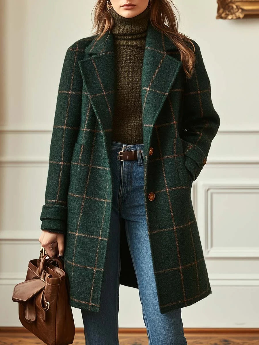 Women's Retro Plaid Tweed Coat | Tailored Silhouette, Lapel Collar 0