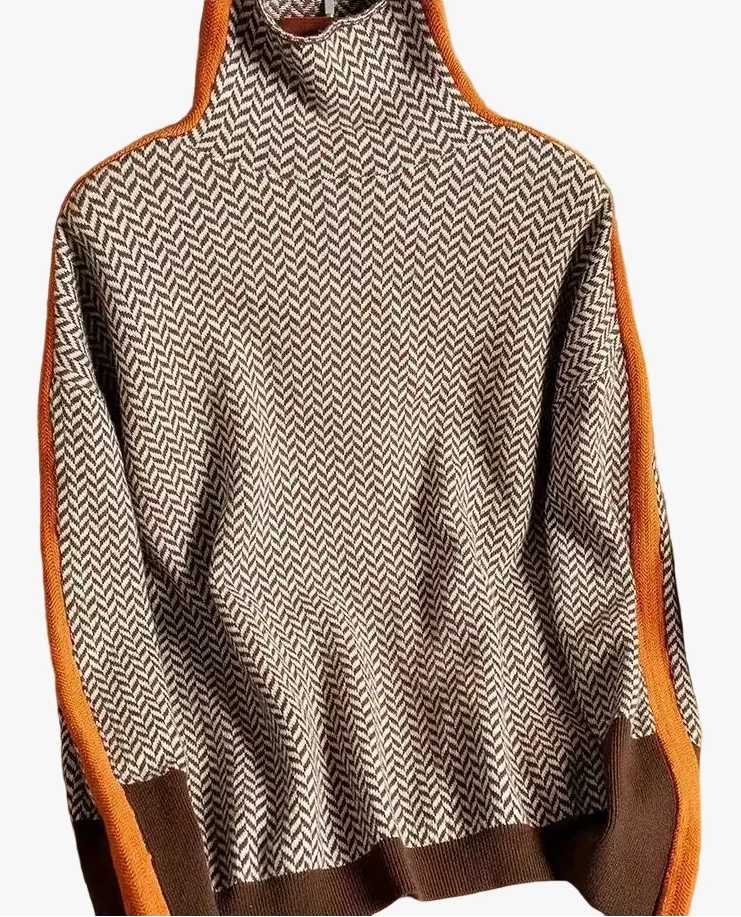 Women's Turtleneck Jumper | Herringbone Chevron Pattern, Stripe Sleeve Panels 0