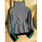 Women's Turtleneck Jumper | Herringbone Chevron Pattern, Stripe Sleeve Panels 1