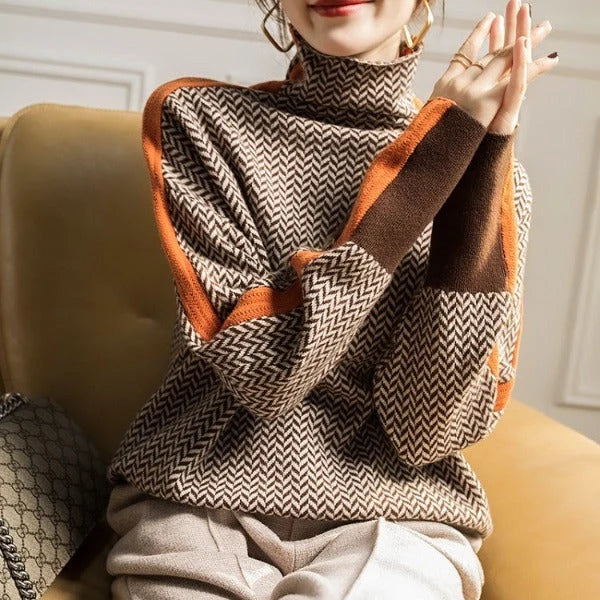 Women's Turtleneck Jumper | Herringbone Chevron Pattern, Stripe Sleeve Panels 3